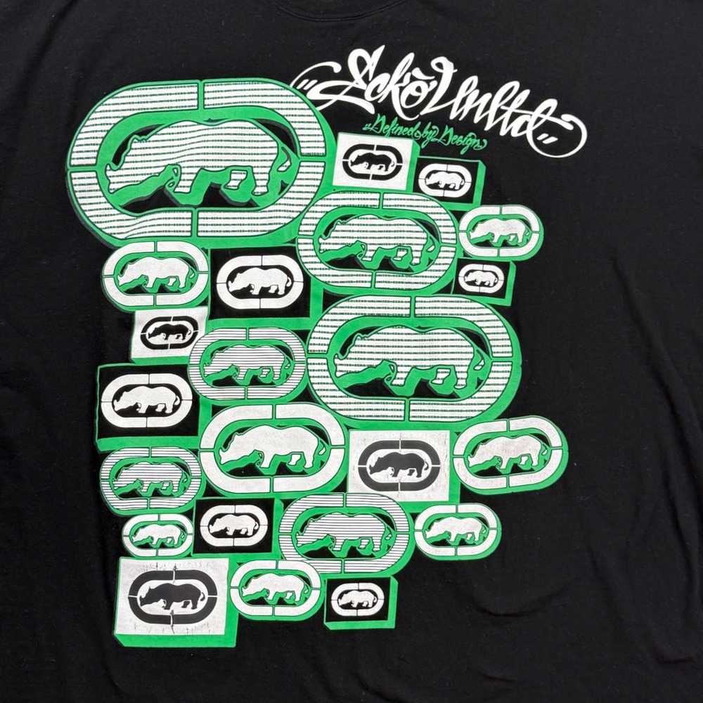 Ecko Unltd Mens 3XL Black Green Rhino Graphic T Shirt Y2K Streetwear Hip Hop